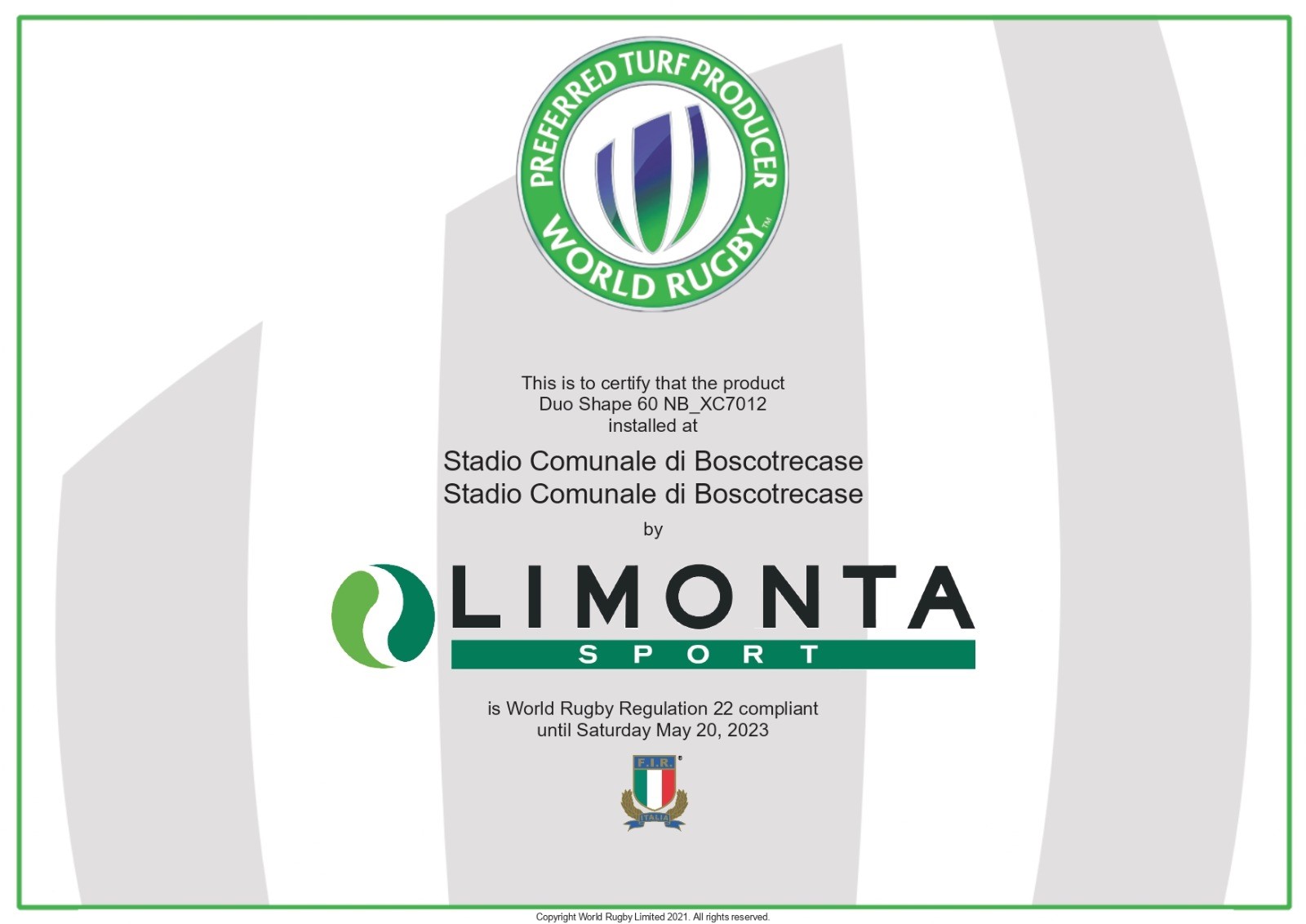 Certificato campo Rugby