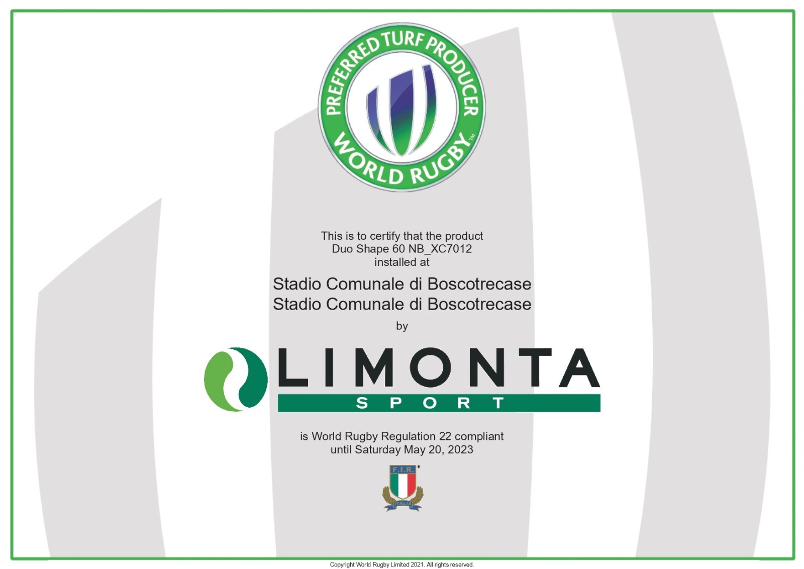 Certificato campo Rugby